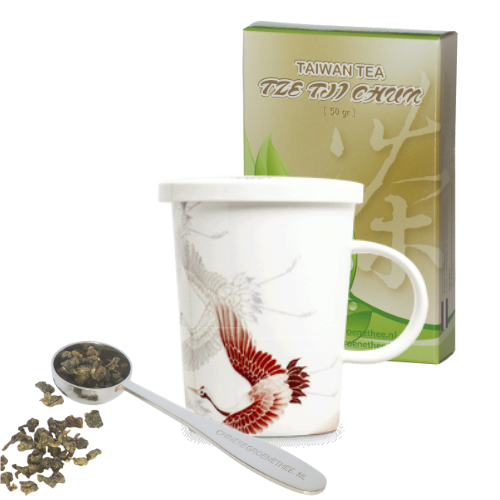 Cadeau-idee 3: Theebeker Kraanvogels Wit + 50 gram thee + maatlepel