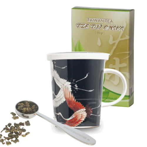 Cadeau-idee 1: Theebeker Kraanvogels Zwart + 50 gram thee + Maatlepel