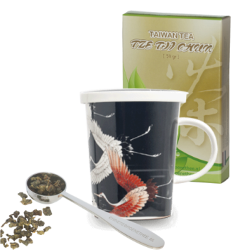 Cadeau-idee 2: Theebeker Kraanvogels Zwart + 50 gram thee + maatlepel