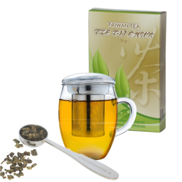 Cadeau-idee 4: Theeglas met rvs filter + 50 gram thee + maatlepel
