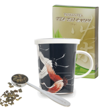 Cadeau-idee 1: Theebeker Kraanvogels Zwart + 50 gram thee + Maatlepel